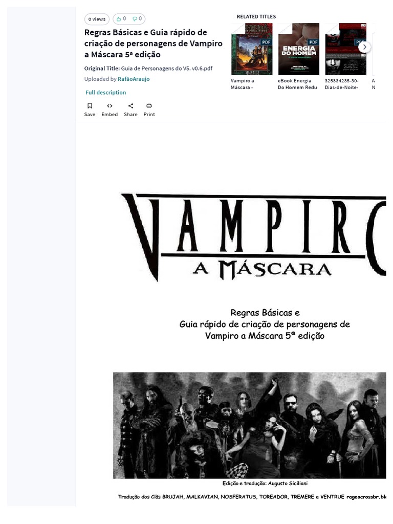 Regras Basicas e Guia Rapido de Criaao de Personagens de Vampiro A ...