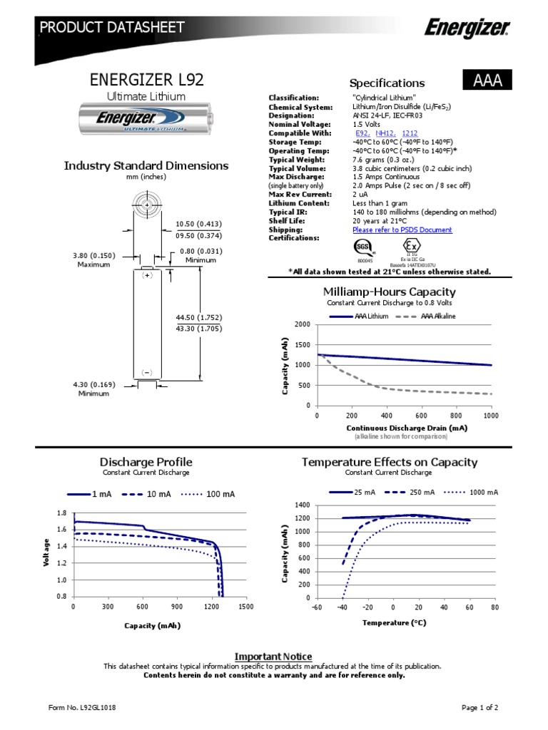 Energizer L92: Product Datasheet | PDF | Volt | Electrical Resistance ...