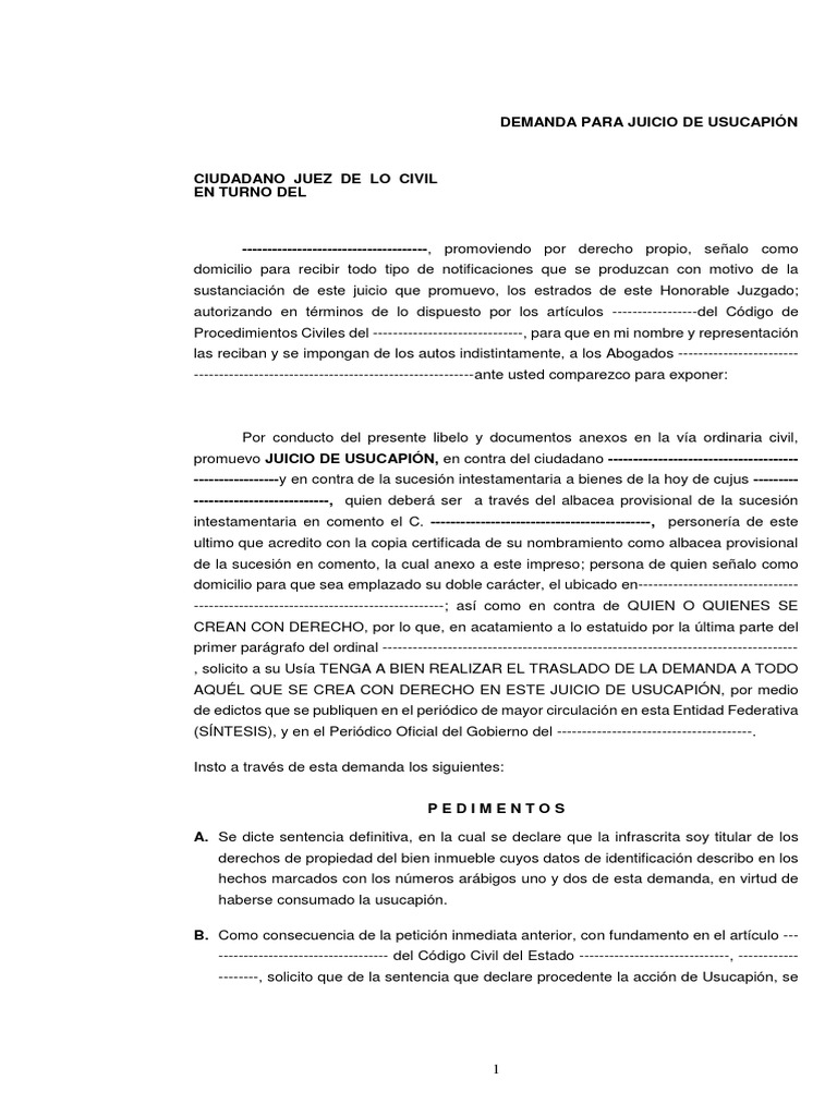 Demanda Usucapion | PDF | Posesión (Ley) | Propiedad