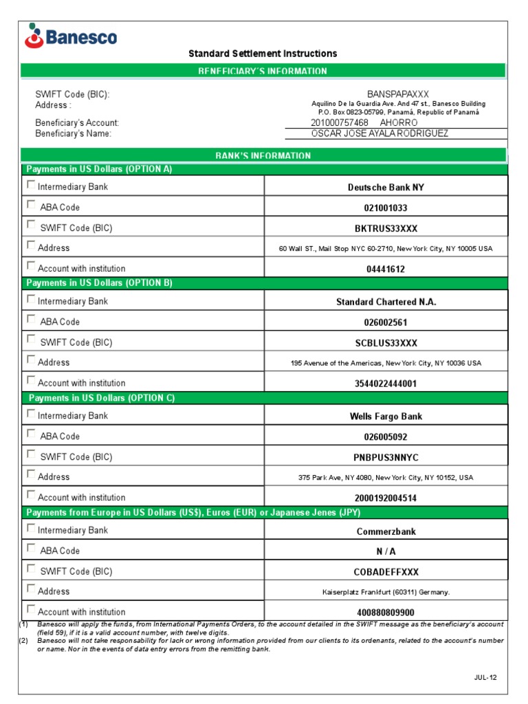 Standard Settlement Instructions Beneficiary S Information PDF