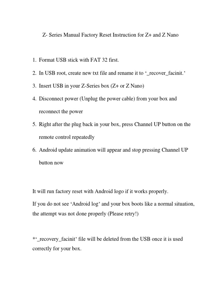 ZSeries Manual Factory Reset Instruction For Z+ and Z Nano PDF PDF