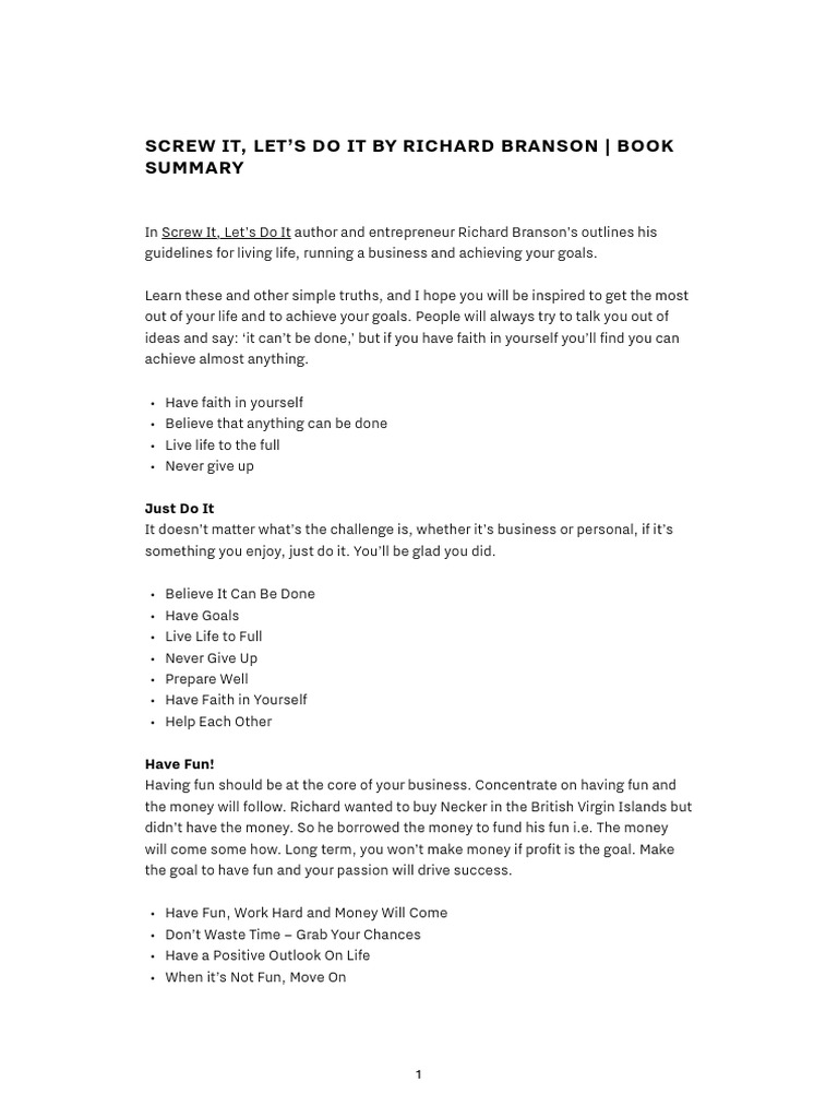 Screw It Lets Do It By Richard Branson Book Summary Pdf Pdf