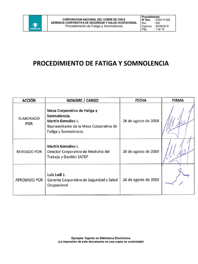 Gestión de Fatiga y Somnolencia Codelco | PDF | Seguridad y salud ...