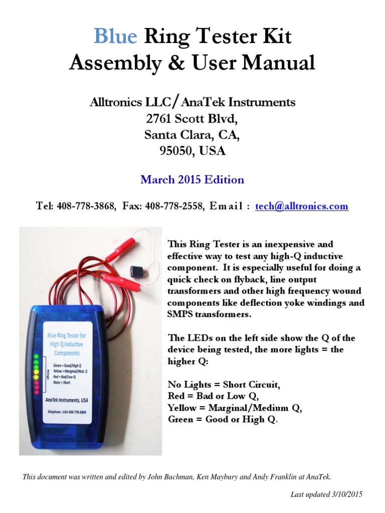 Blue Ring Tester Kit Assembly & User Manual PDF PDF Printed Circuit Board Electrical