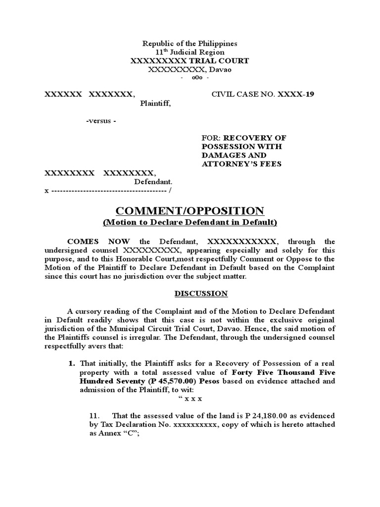 Opposition to Motion for Default | PDF | Legal Procedure | Courts