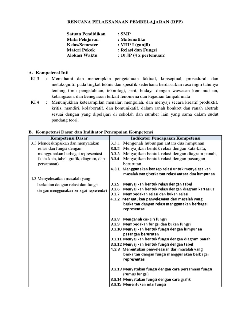 1 Rpp Kls Viii Kd 3 3 Relasi Dan Fungsi