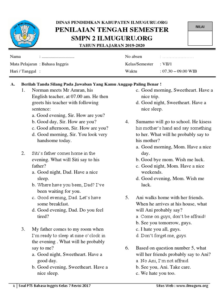 Soal Pts Bhs Inggris Kls 7 Tahun 2019 2020