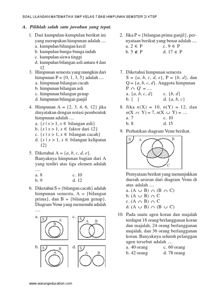 Soal Ulhar Matematika Smp Kelas 7 Bab Himpunan