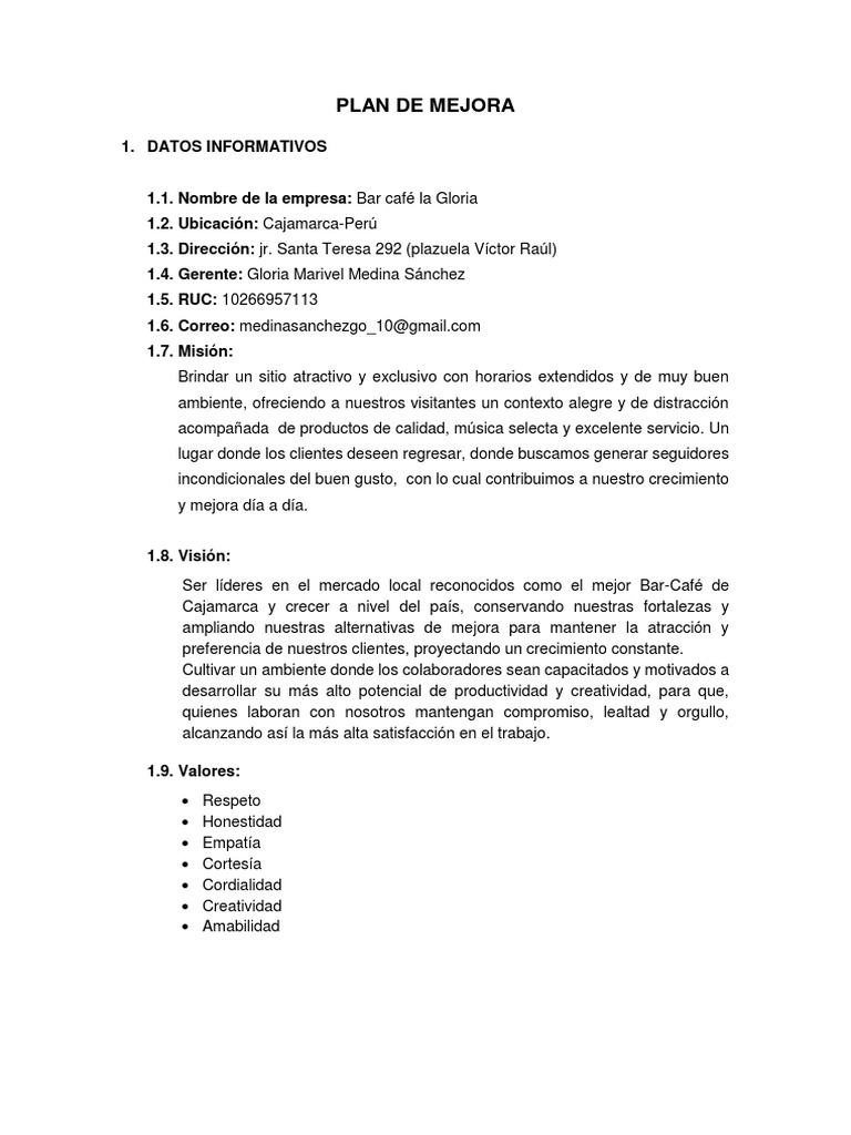 Plan de Mejora para Bar Café La Gloria | PDF | Análisis FODA | Business