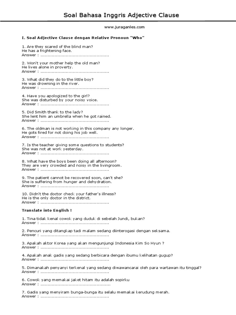 Soal Bahasa Inggris Adjective Clause