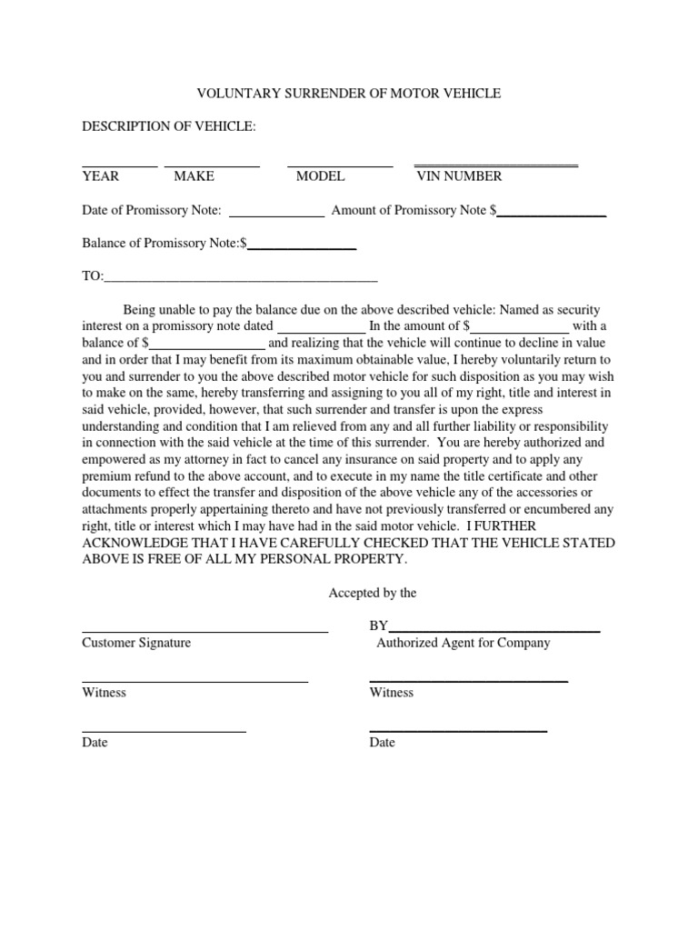 Vehicle Voluntary Surrender Form | PDF | Law