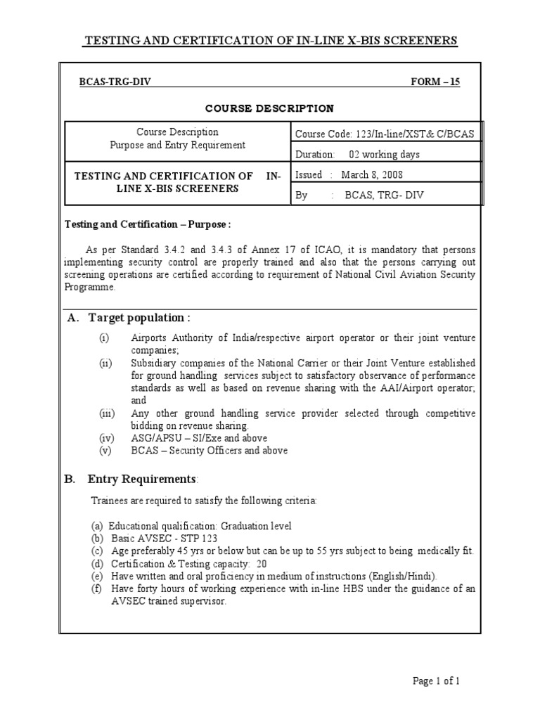 Testing and Certification of InLine XBis Screeners Course Description Download Free PDF