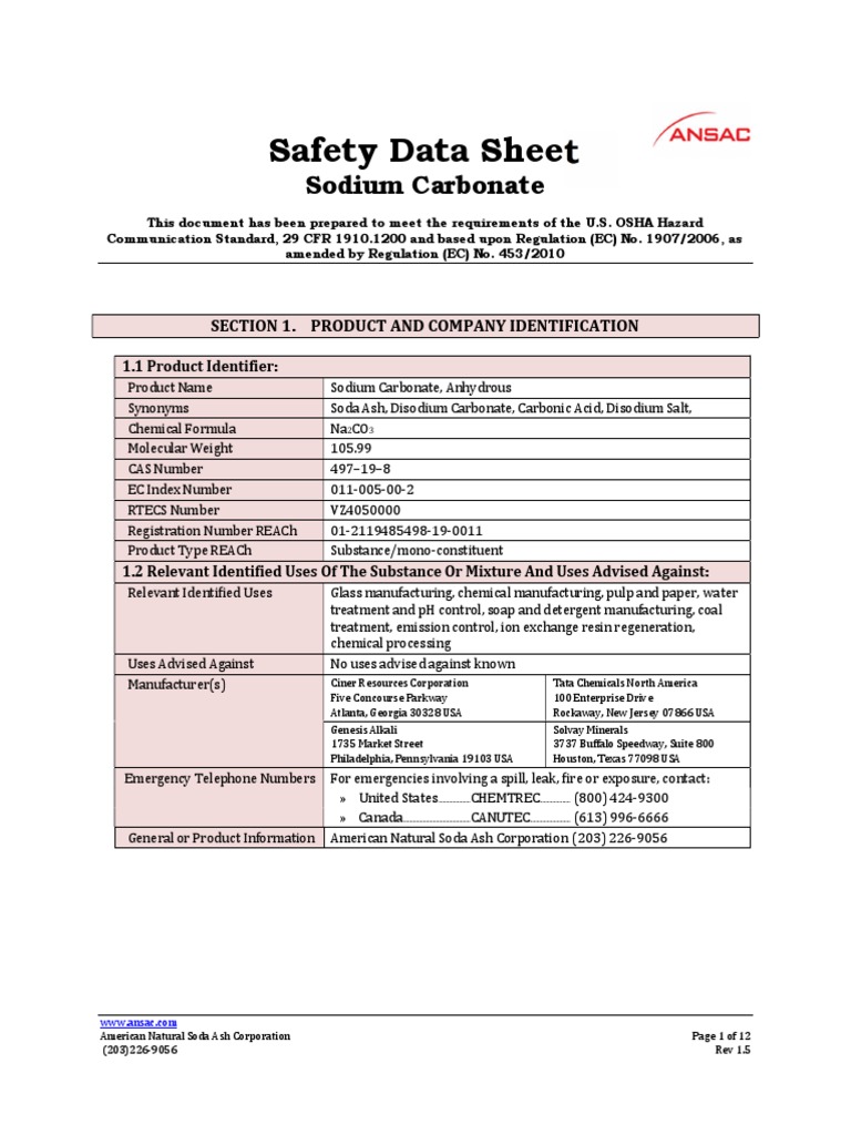 Safety Data Sheet Sodium Carbonate PDF Sodium Carbonate Sodium