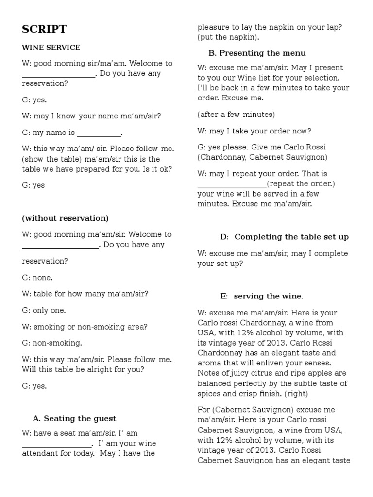 Script: B. Presenting The Menu | PDF | Aroma Of Wine | Wine