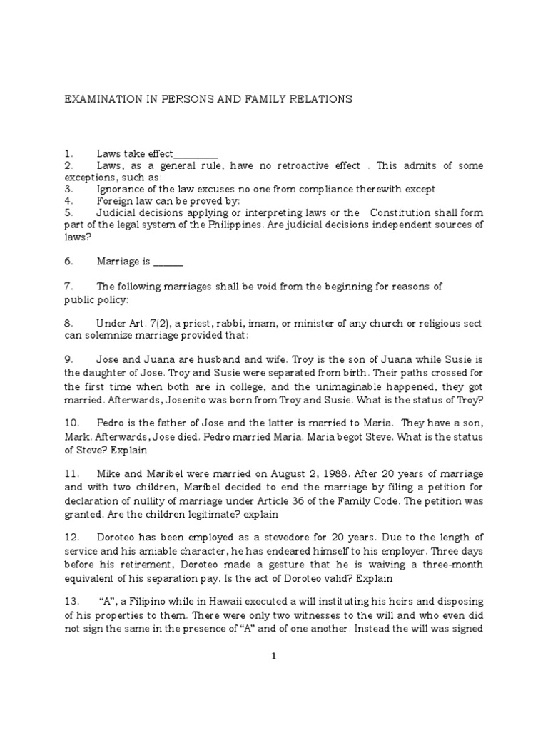 Persons and Family Relations Exam Guide | PDF | Wife | Marriage