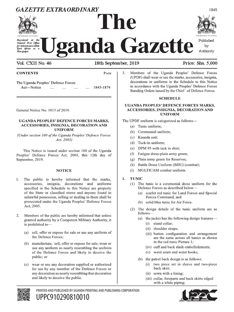 UPDF NOTICE Insignia And Uniforms In Uganda Gazette PDF