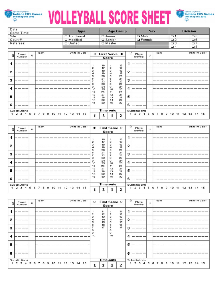 Volleyball Score Sheet | PDF | Variations Of Hockey | Team Sports