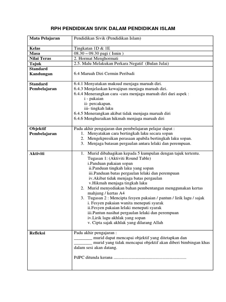 RPH SIVIK T1 Tema Hormat Menghormati  PDF