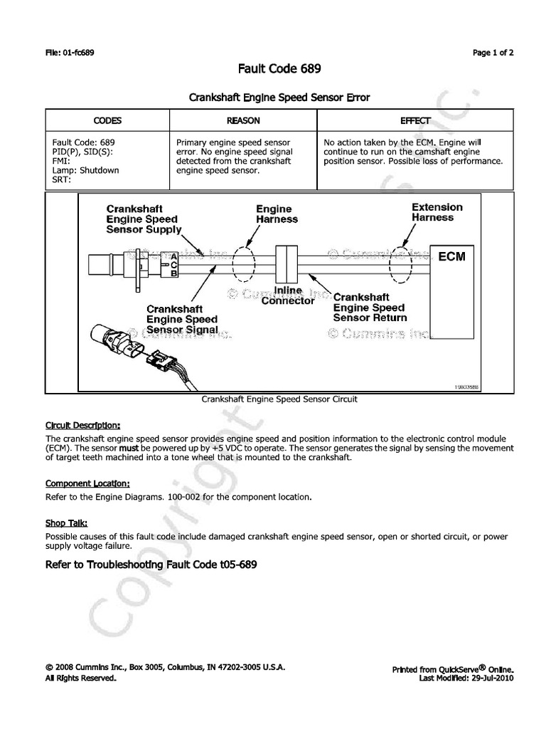 Fault Code 689 Crankshaft Engine Speed Sensor Error PDF