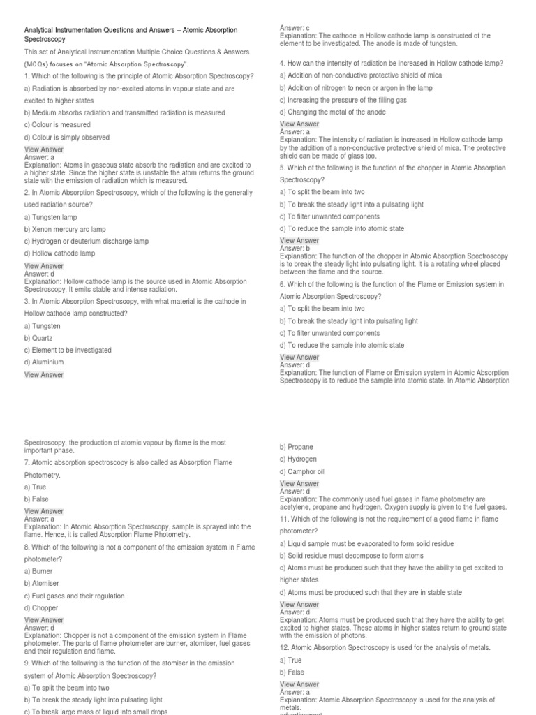 Analytical Instrumentation Questions and Answers Atomic Absorption