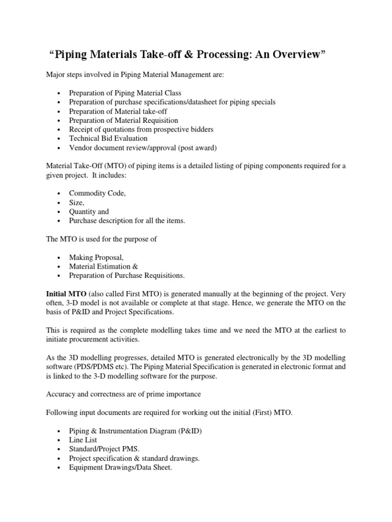 “Piping Materials Takeoff & Processing An Overview” Specification