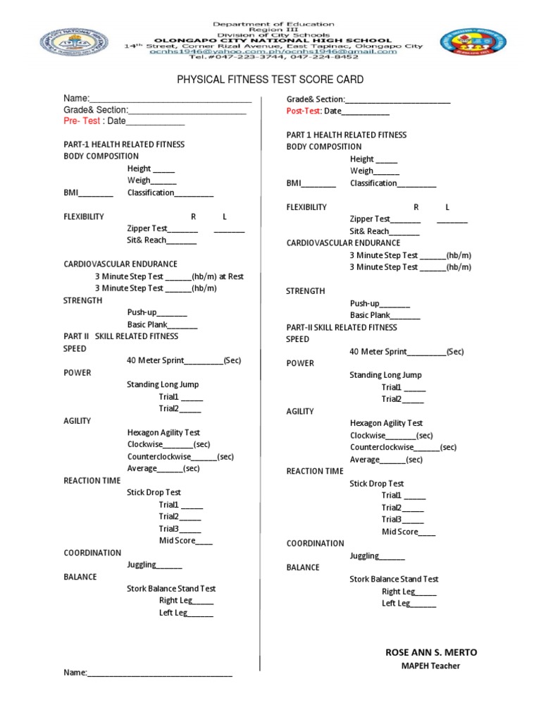 Physical Fitness Test Score Card PDF Hobbies Sports