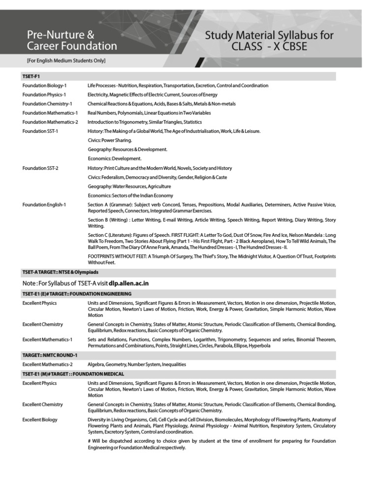 Note: For Syllabus of TSET-A Visit DLP - Allen.ac - In: 4 Gold 1 Silver ...