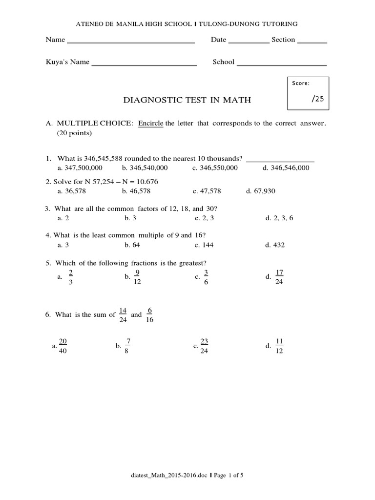 DiagnosticTest Math AbridgedVersion | PDF | Quiz | Teaching Mathematics