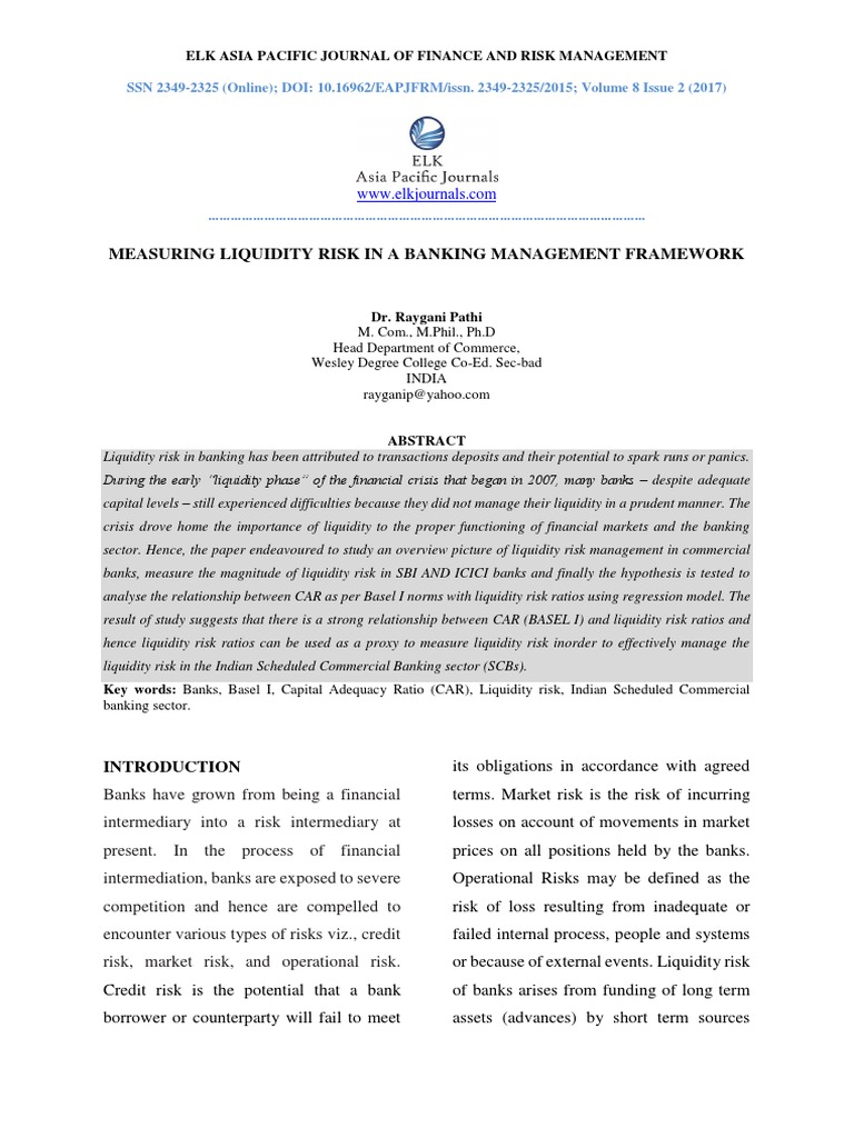 Measuring Liquidity Risk in A Banking Management Framework | PDF ...