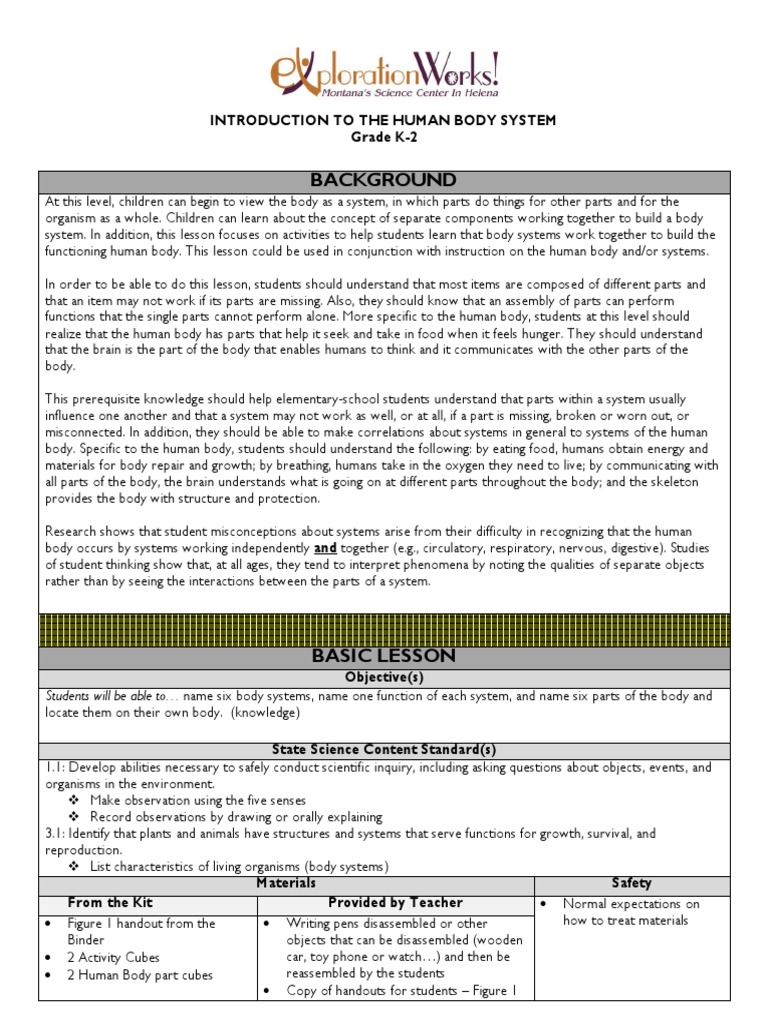 Body Systems Lesson Plan Grades K 2 PDF PDF Human Body Heart
