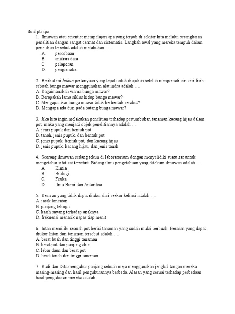 Soal Pts Ipa Kelas 7