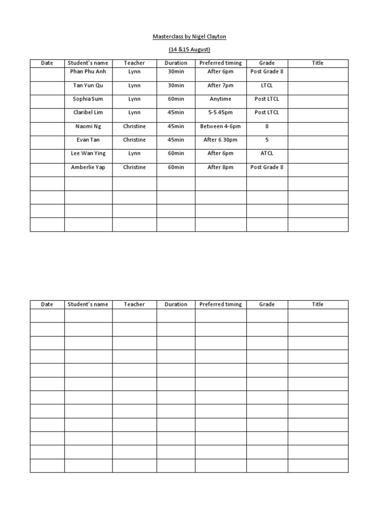 Masterclass Schedule for Students | PDF