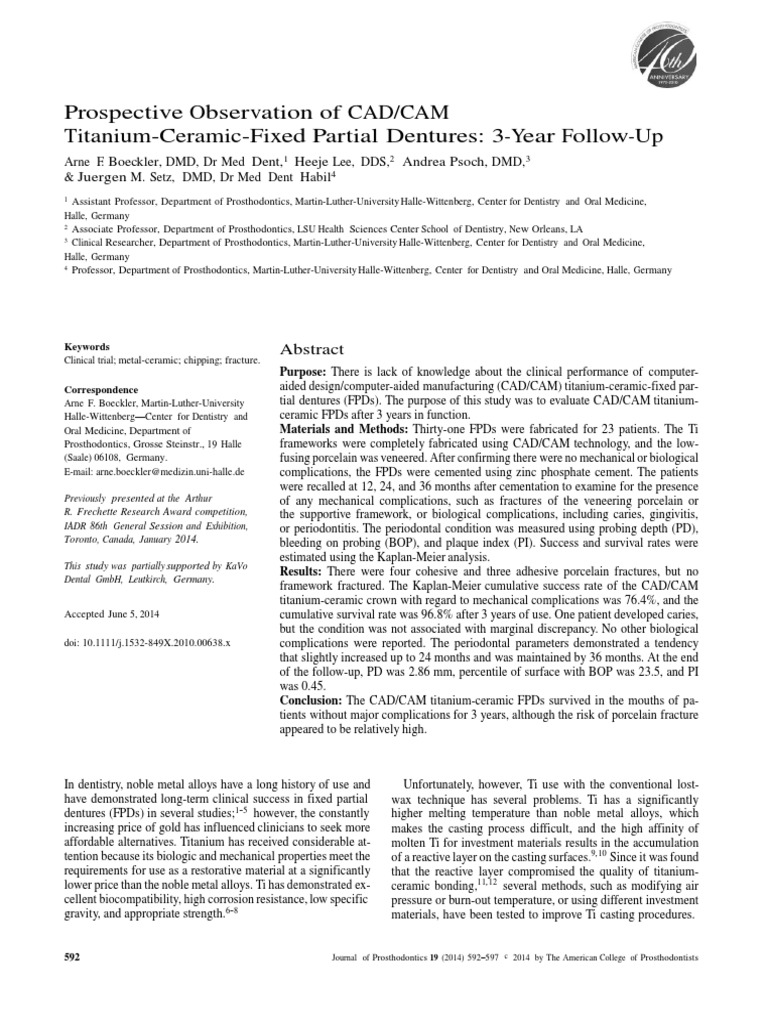 Prospective Observation of CAD/CAM Titanium-Ceramic-Fixed Partial ...
