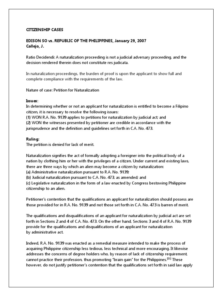 Philippine Naturalization Case Analysis | PDF | Naturalization | Oath ...