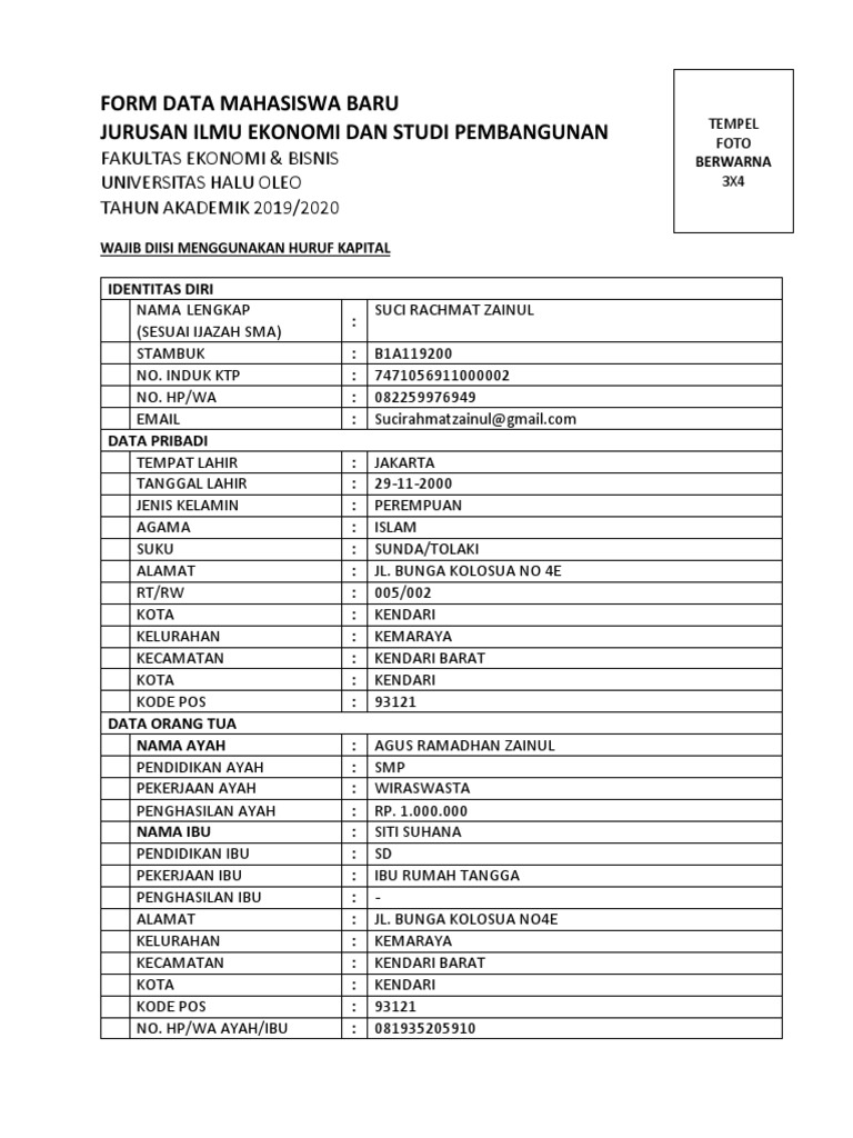 Formulir Data Mahasiswa Baru UHO | PDF