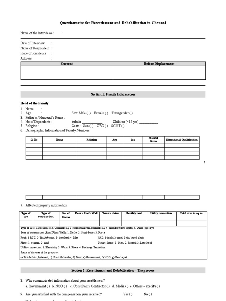 Slum Resettlement Questionnaire in Chennai | PDF | Employment | Waste ...
