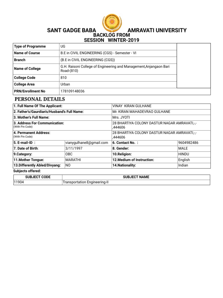 Sant Gadge Baba Amravati University: Backlog From Session Winter-2019 ...