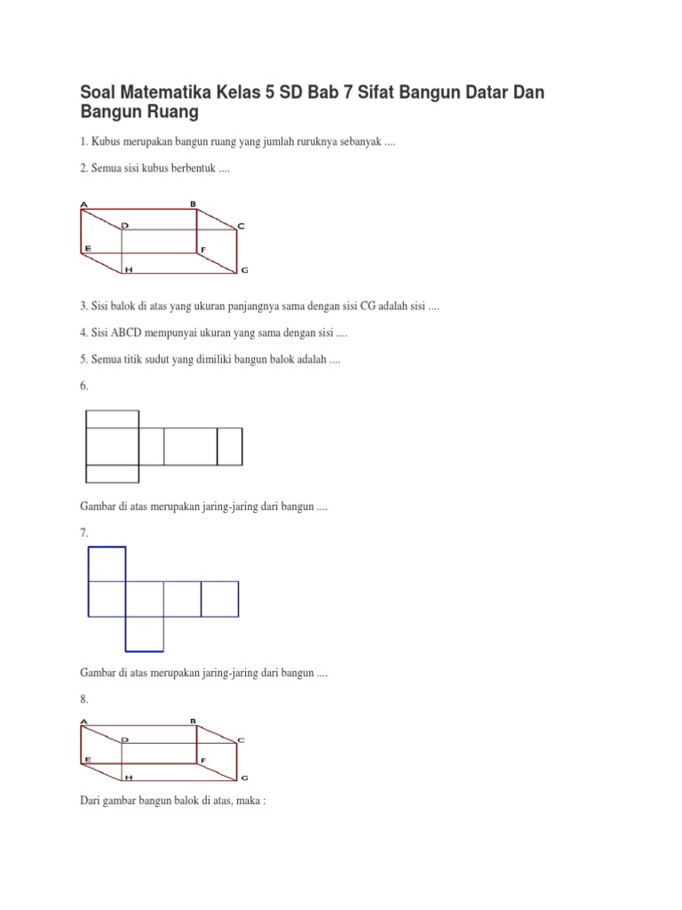 Soal Matematika Kelas 5 Sd Bab 7 Sifat Bangun Datar Dan Bangun Ruang Pdf