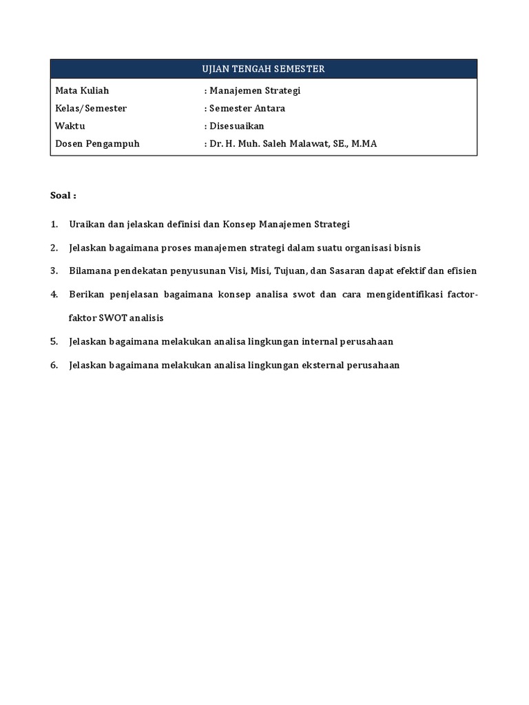 Soal Uts Manajemen Strategi Semester 6 Docx