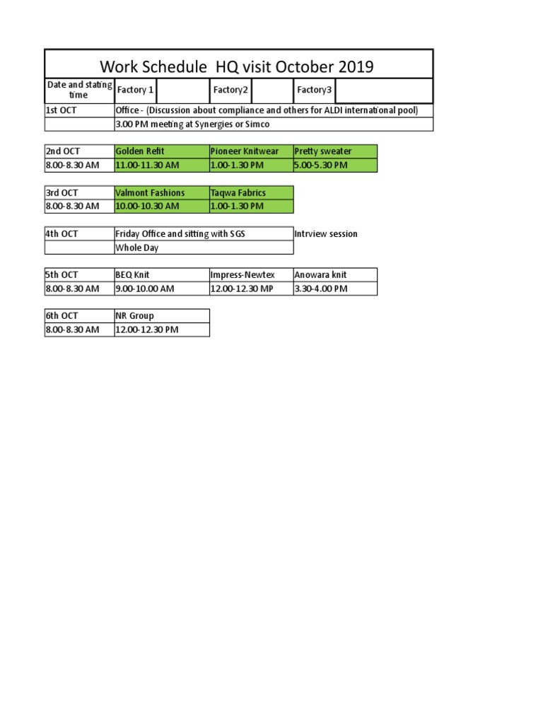 October 2019 HQ Visit Work Schedule | PDF | Home & Garden | Science ...