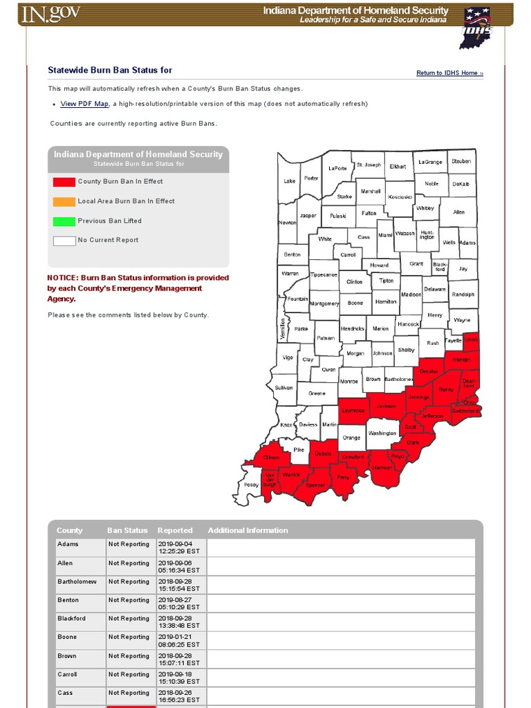 Indiana DHS Burn Ban Map PDF The United States