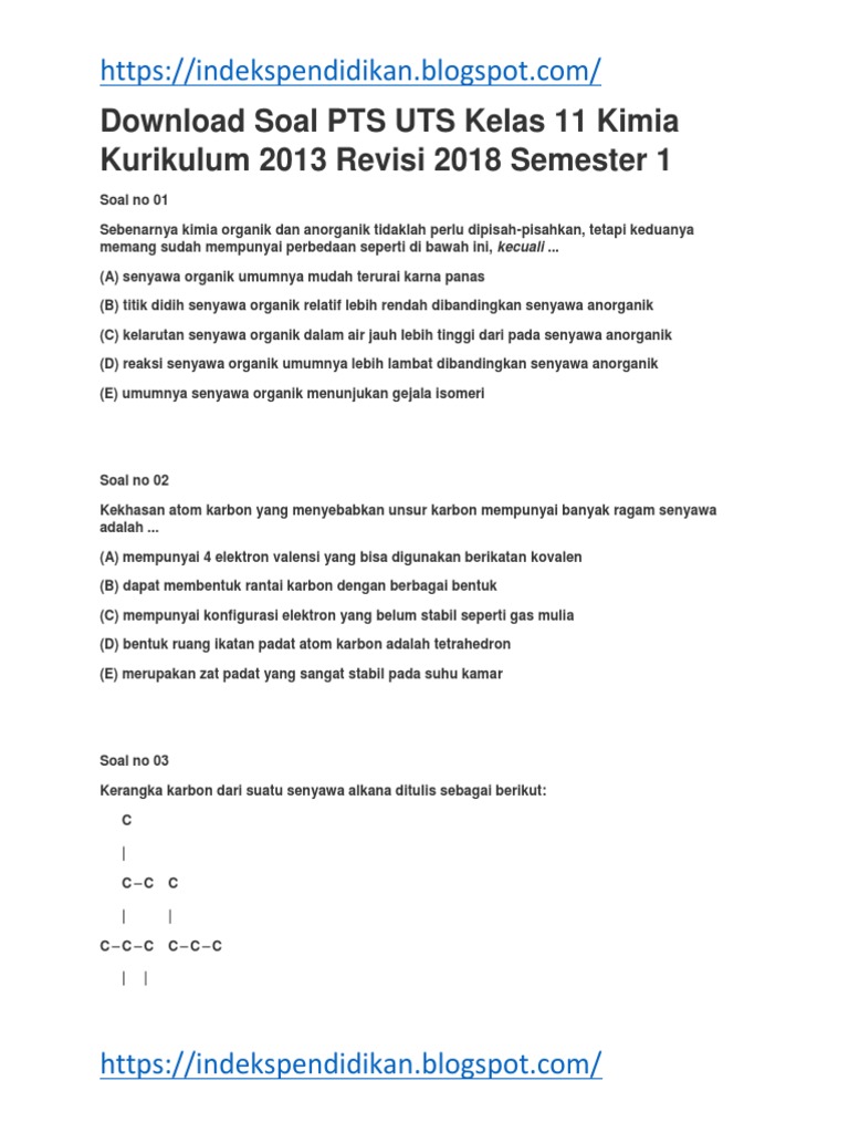 Soal Pts Uts Kelas 11 Kimia Kurikulum 2013 Revisi 2018 Semester 1 Pdf