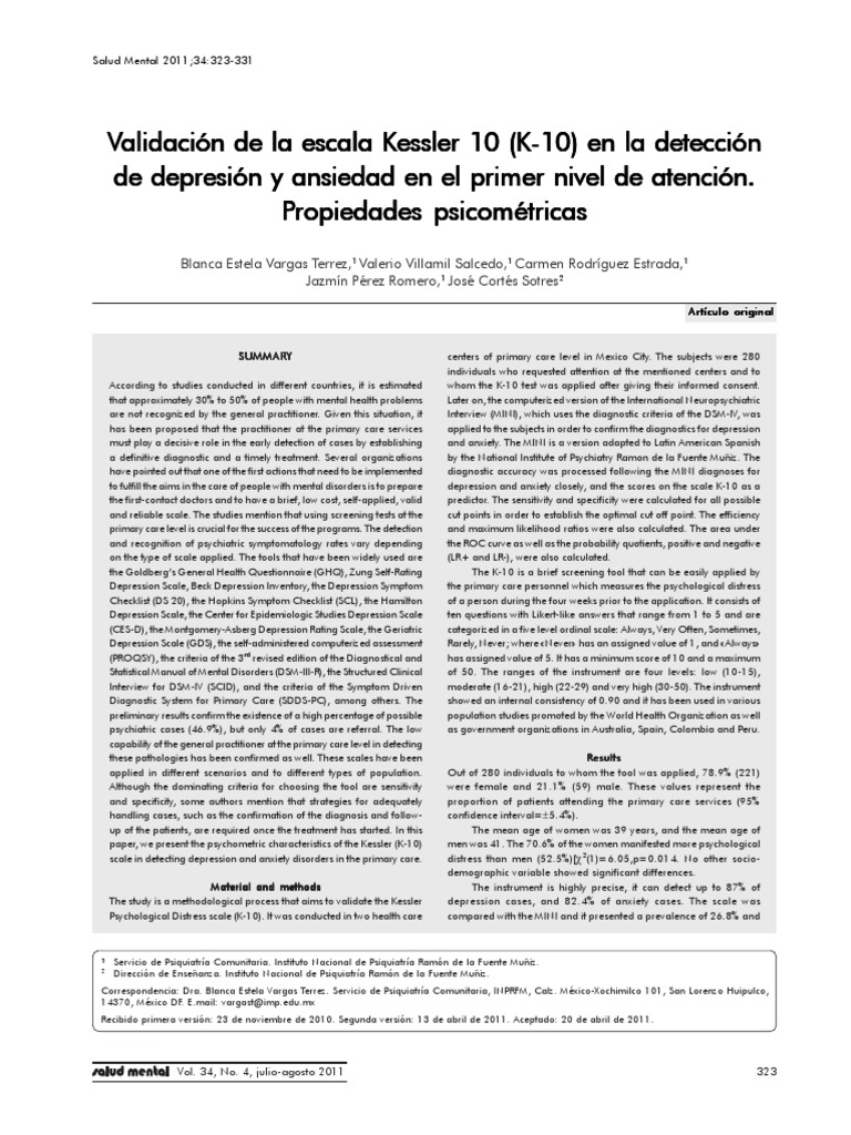 Kessler 10 Scale Validation for Anxiety | PDF | Major Depressive ...