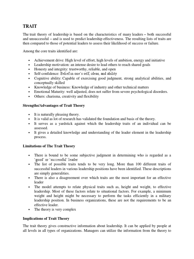 Trait Strengths Advantages Of Trait Theory Pdf Goal Leadership