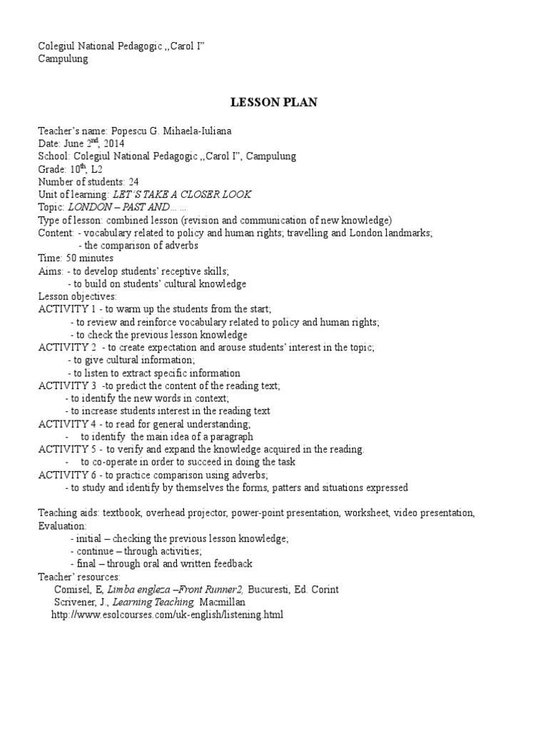 Lesson Plan Scrivener, J., Learning Teaching, Macmillan PDF London