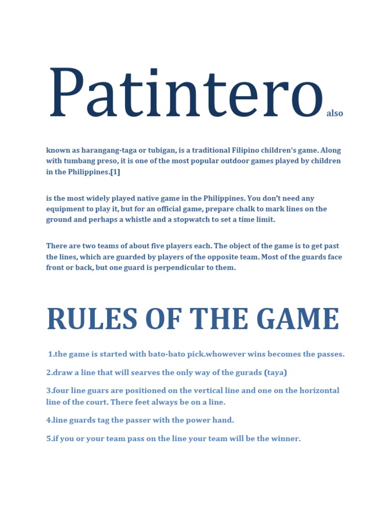 How to Play Patintero: Rules & Tips | PDF | Cooking, Food & Wine
