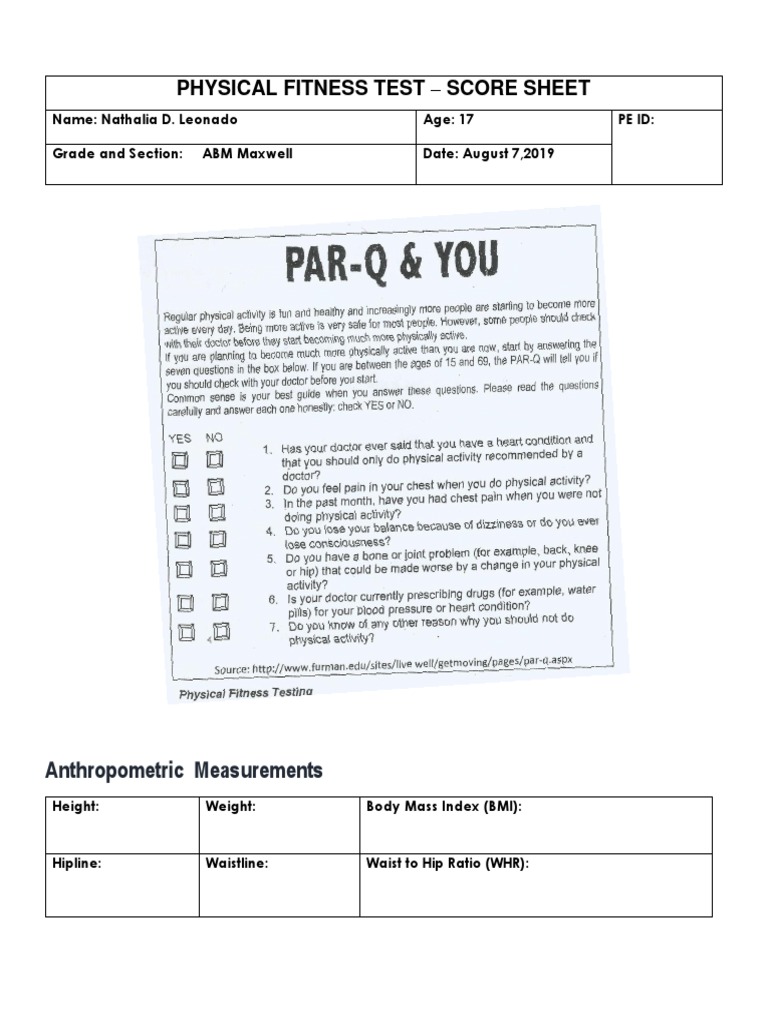 Physical Fitness Test Score Sheet Anthropometric Measurements PDF
