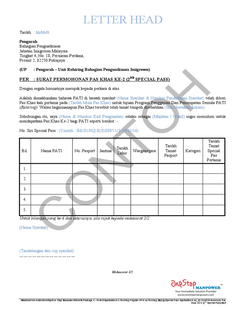 Contoh Surat Permohonan Pas Khas Dari Majikan