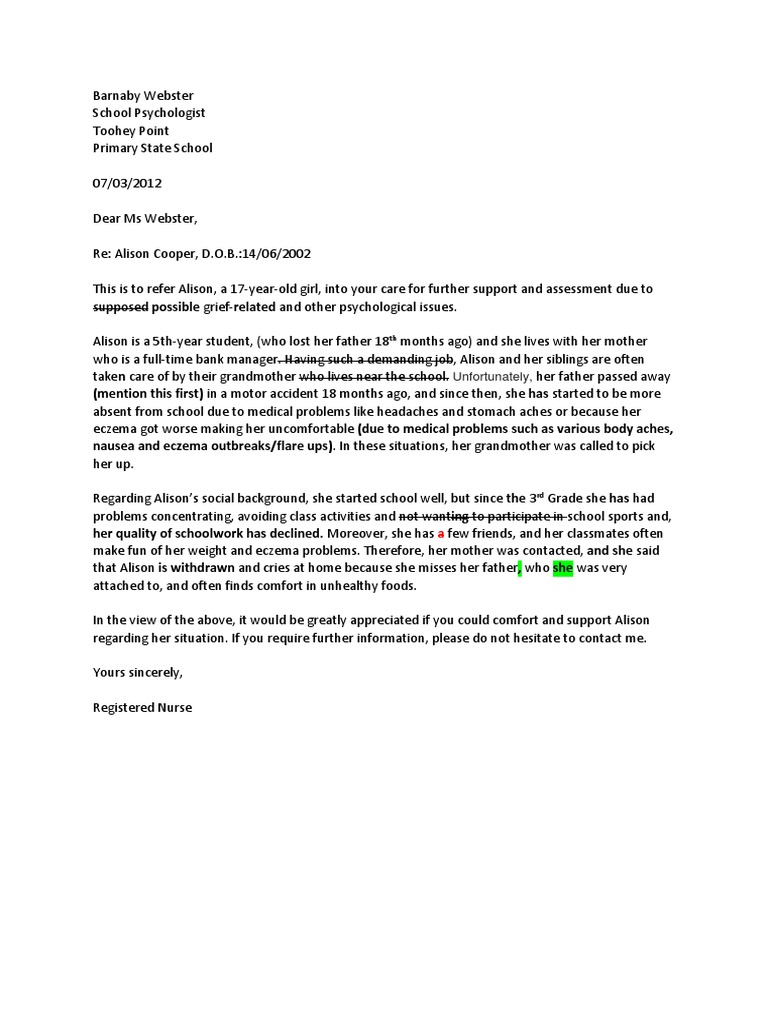 Referral for Psychological Support: Alison Cooper | PDF