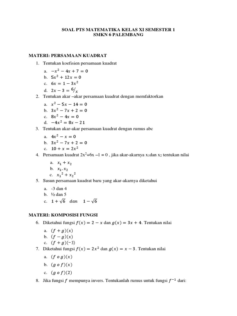 Soal Pts Matematika Kelas Xi Semester 1 Pdf